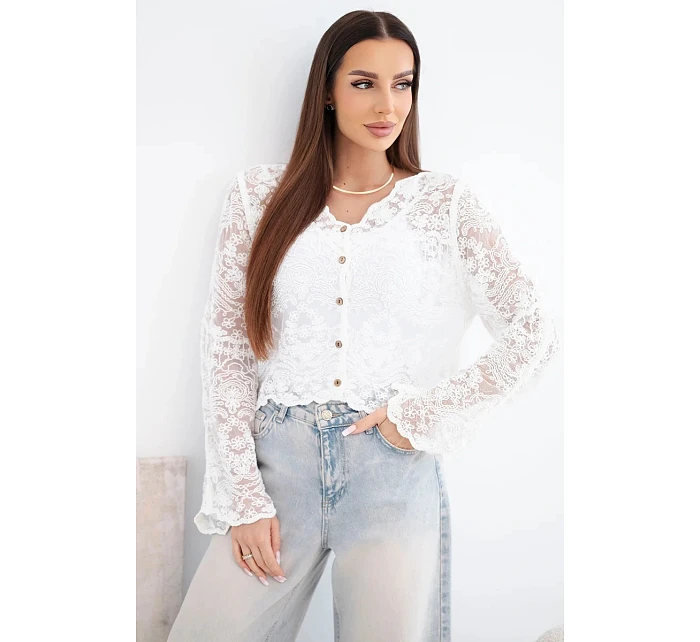 Dámský bavlněný krajkový svetr zapínaný na knoflíky s dlouhým rukávem bílý