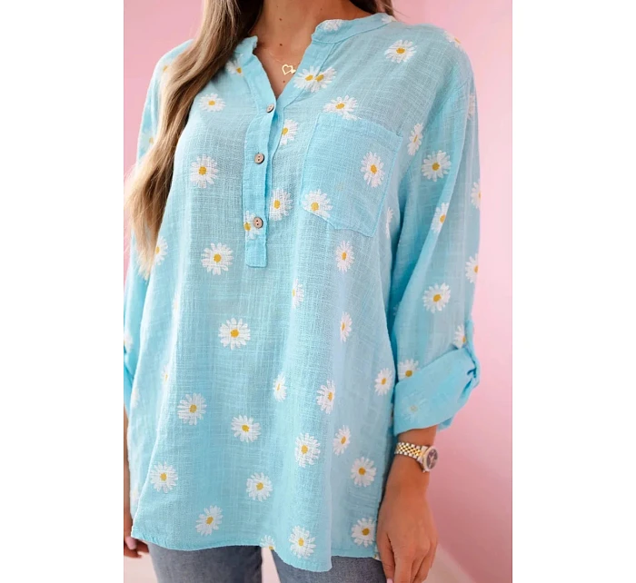 Lněná halenka s květinovým vzorem 22062 modrá - Kesi Lněná halenka s květinovým vzorem 22062 modrá - Kesi