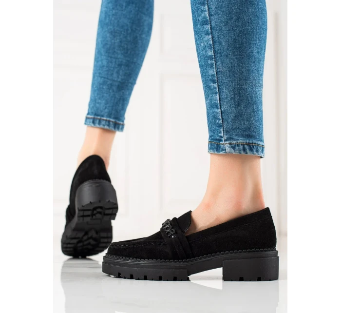 Exkluzívní dámské černé  polobotky na plochém podpatku