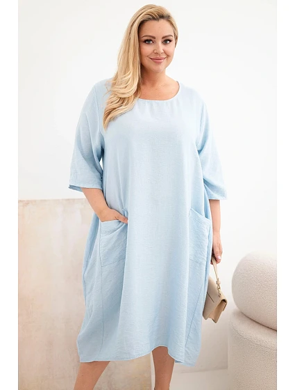 Dámské šaty Plus Size z viskózy s kapsami krátký rukáv modrá