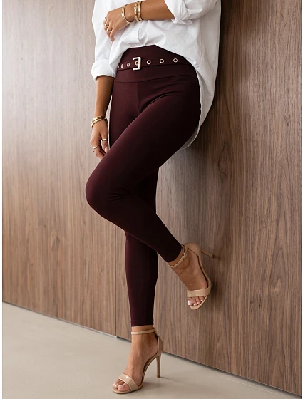 Dopasowane legginsy damskie prążkowane bordowe FashionStreet UY3256