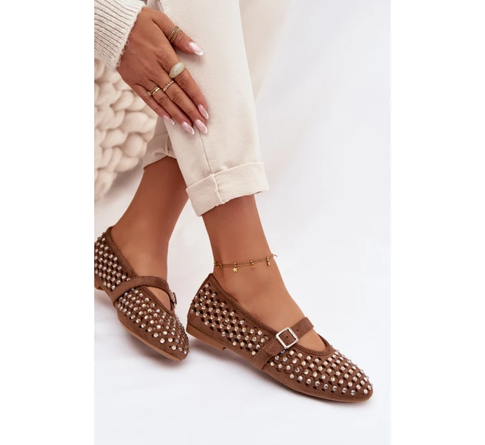 Dámské baleríny s otevřeným vzorem s kamínky a páskem Hnědé Wilvessa