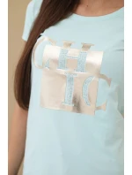 Dámské bavlněné tričko s potiskem model 22014267 mentolová - K-Fashion