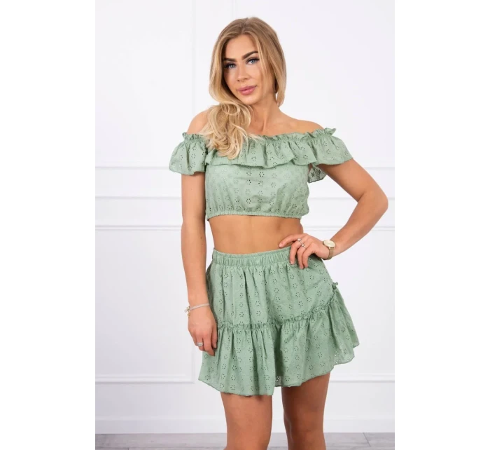 Vyšívaný komplet s pruhovanou halenkou tmavě mátový