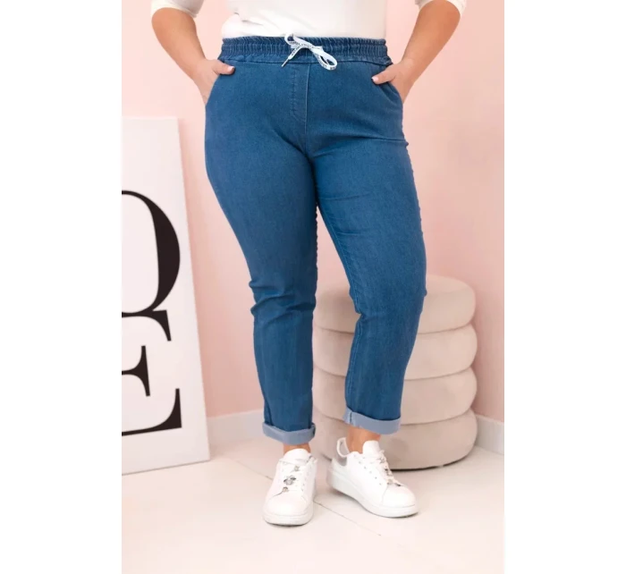Dámské bavlněné kalhoty Plus Size s elastickým pasem a zavazováním denim Dámské bavlněné kalhoty Plus Size s elastickým pasem a zavazováním denim