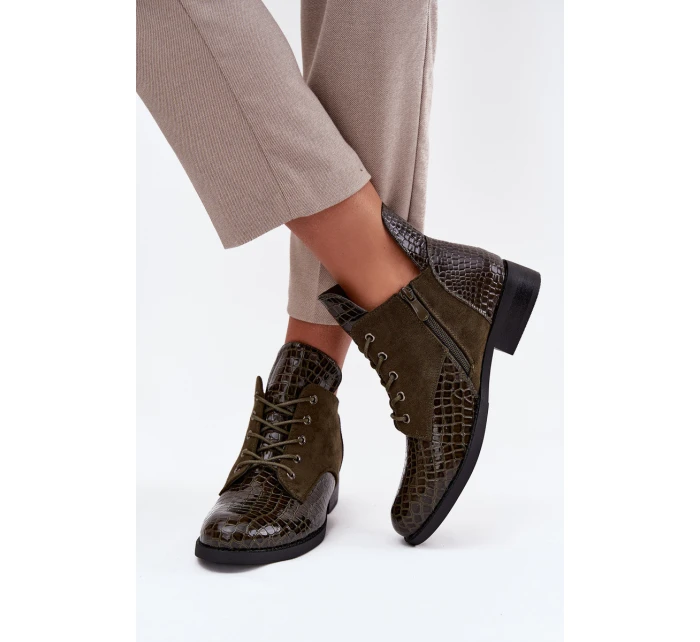 Lakované dámské kotníkové boty s ozdobným reliéfem vyhřívané Vinceza 16477 tmavě zelené