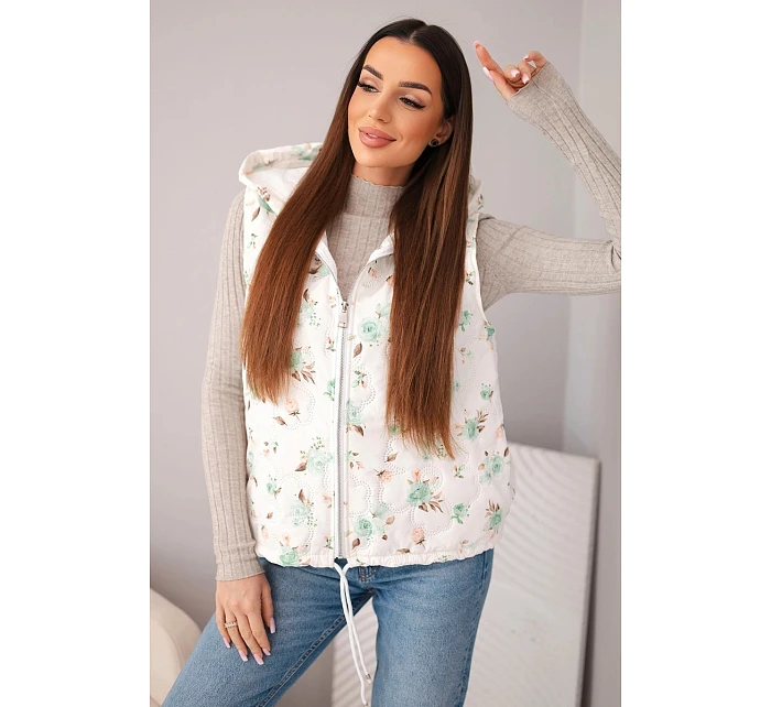 Dámská prošívaná vesta s kapucí a květinovým vzorem mátová