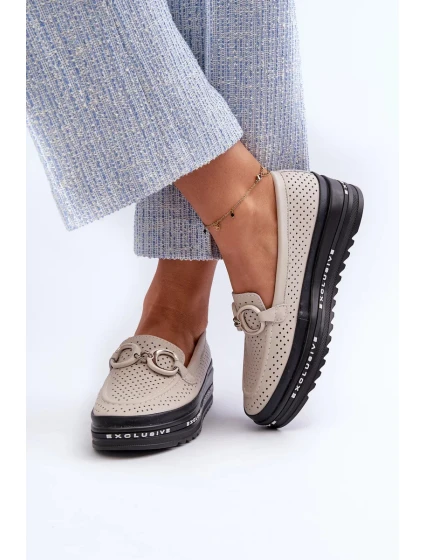 Dámské kožené mokasíny na platformě s ozdobou S.Barski béžová Dámské kožené mokasíny na platformě s ozdobou S.Barski béžová