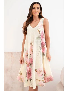 Dámské bavlněné midi šaty s krátkým rukávem a rozšířeným spodkem světle růžová