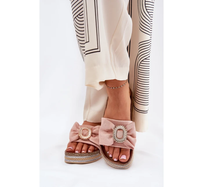 Dámské Pantofle Na Platformě S Mašlí A Ozdobnou Broží Růžové Lenela