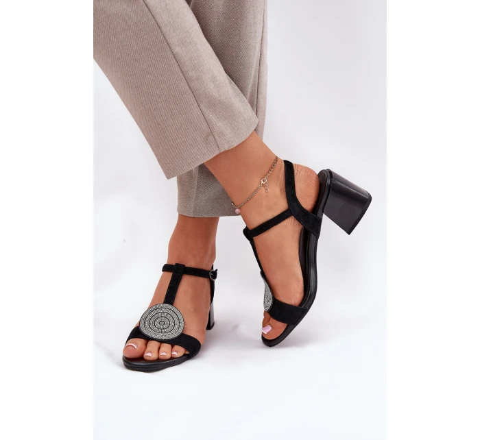 Kožené Sandály Na Podpatku S Ozdobou D&A JC51-842 Černé