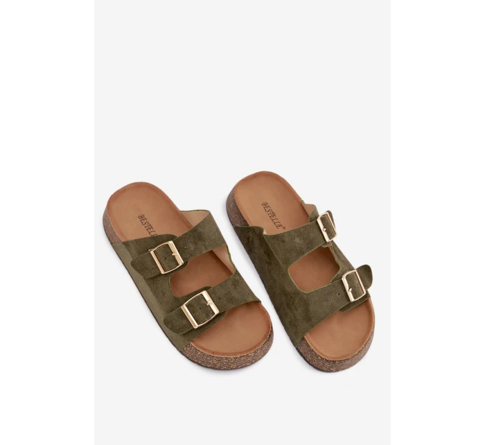 Dámské pantofle na korkové platformě se zlatými sponami Zelená Tovessa Dámské pantofle na korkové platformě se zlatými sponami Zelená Tovessa