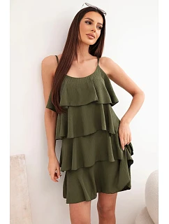Dámské mini šaty na ramínka s volány khaki