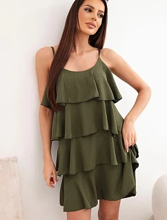 Dámské mini šaty na ramínka s volány khaki