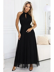 662-2 Elegantní maxi večerní šaty na ramínka s tylem a zavazováním v pase - černé