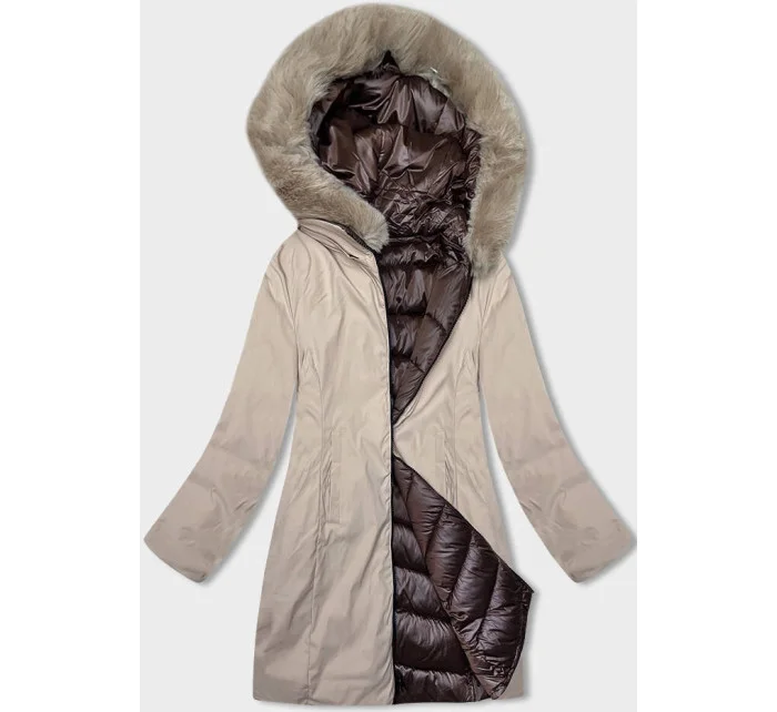 Hnědo-béžová dámská zimní oboustranná bunda s kapucí (B8202-14046) Hnědo-béžová dámská zimní oboustranná bunda s kapucí (B8202-14046)