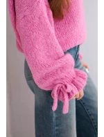 Dámský svetr s přídavkem mohéru s hrubým pletením a ozdobnými rukávy růžový