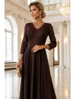 309-14 AMBER elegantní dlouhé krajkové šaty s výstřihem - čokoládové 309-14 AMBER elegantní dlouhé krajkové šaty s výstřihem - čokoládové