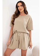 Dámský viskózový komplet s  top s krátkým rukávem a kraťasy s vysokým pasem camelový model 22077196 - K-Fashion