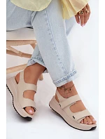 Kožené dámské sandály na platformě na suchý zip Béžové model 22136692 - EVENTO