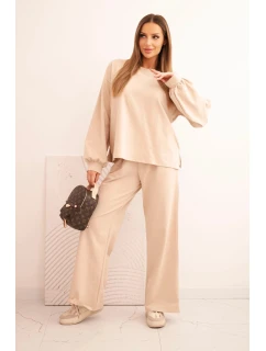 Dámský bavlněný komplet se širokými nohavicemi a mikinou s dlouhým rukávem béžový