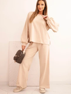 Dámský bavlněný komplet se širokými nohavicemi a mikinou s dlouhým rukávem béžový
