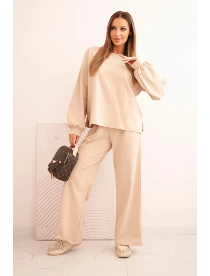 Dámský bavlněný komplet se širokými nohavicemi a mikinou s dlouhým rukávem béžový Dámský bavlněný komplet se širokými nohavicemi a mikinou s dlouhým rukávem béžový