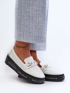 Dámské kožené mokasíny na platformě s řetízkem S.Barski LR618 Bílé