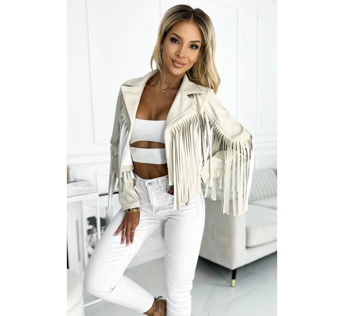 model 21210354 Krátká bunda s třásněmi z měkké ekokůže béžová - numoco basic