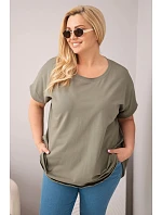 Dámská halenka Plus Size bavlněná s krátkým rukávem khaki