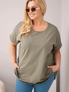 Dámská halenka Plus Size bavlněná s krátkým rukávem khaki