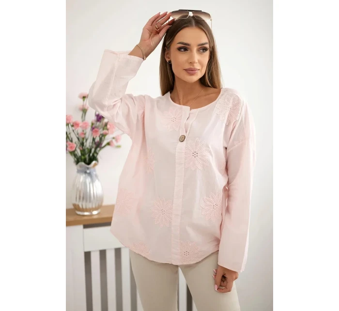 Košilová halenka s vyšívaným vzorem pudrově růžová