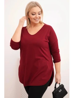 Dámská bavlněná blůza Plus Size s výstřihem do V a ohrnutým rukávem bordová