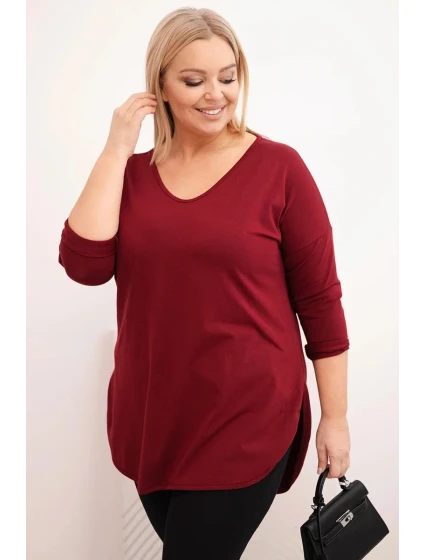 Dámská bavlněná blůza Plus Size s výstřihem do V a ohrnutým rukávem bordová Dámská bavlněná blůza Plus Size s výstřihem do V a ohrnutým rukávem bordová