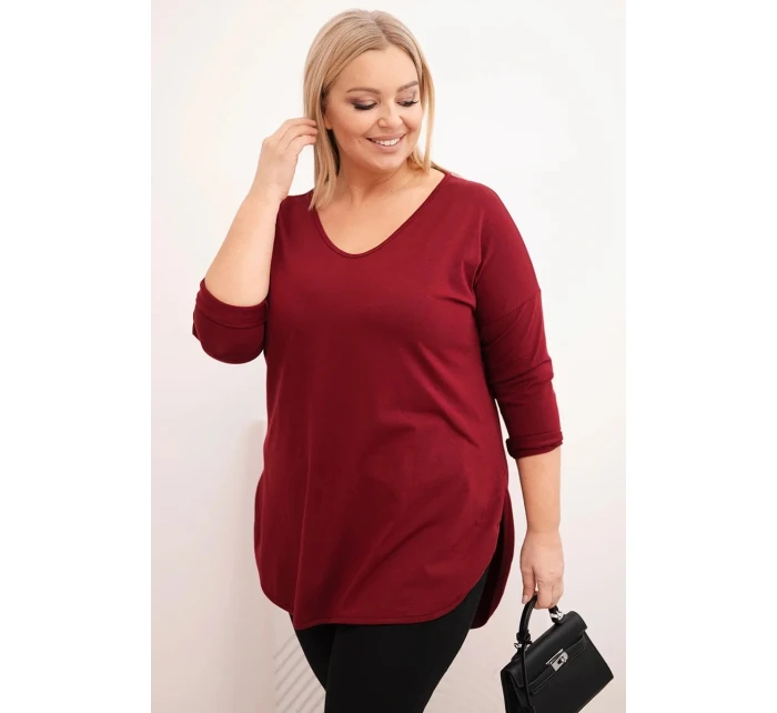 Dámská bavlněná blůza Plus Size s výstřihem do V a ohrnutým rukávem bordová Dámská bavlněná blůza Plus Size s výstřihem do V a ohrnutým rukávem bordová