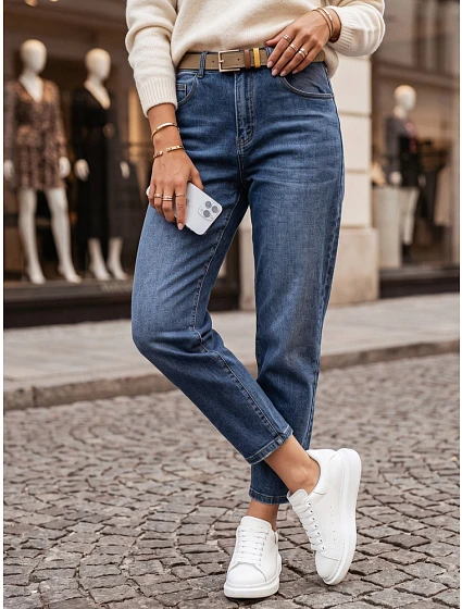 Dámské džíny s páskem, střih mom fit, modré, FashionStreet UY3118 Dámské džíny s páskem, střih mom fit, modré, FashionStreet UY3118