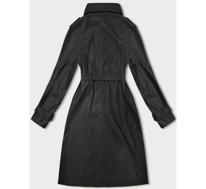 Volný černý dámský kabát z ekologické kůže J Style (11Z8101)