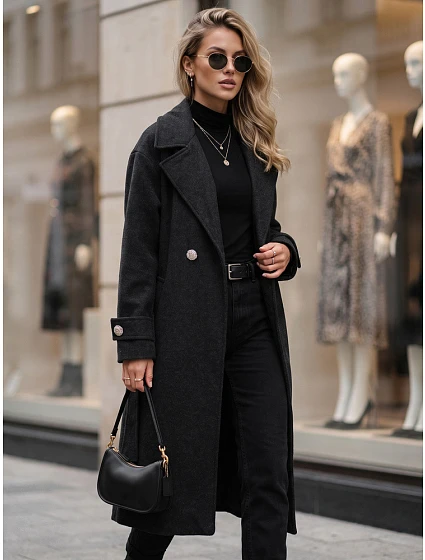 Dlouhý dámský kabát s vázáním v pase, černý, FashionStreet NY0809 Dlouhý dámský kabát s vázáním v pase, černý, FashionStreet NY0809