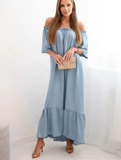 Dámské šaty s krátkým rukávem a volánky světlý denim