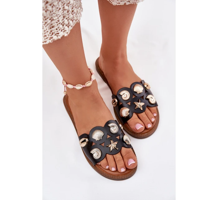 Dámské Sandály Na Ploché Podpatky Se Zlatými Přezkami Černé Nalothiel Dámské Sandály Na Ploché Podpatky Se Zlatými Přezkami Černé Nalothiel