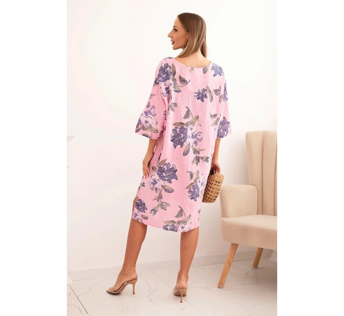 Dámská bavlněná šaty s květinovým vzorem a 3/4 rukávem světle růžová