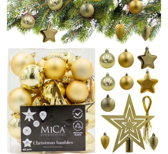 DEKORATIVNÍ PLASTOVÉ CETKY BEZPEČNÉ 40KS ZLATÁ SLÍDA