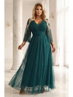 Dlouhé lesklé plus size šaty s výstřihem a rukávy lahvově zelené model 21808977 - numoco basic