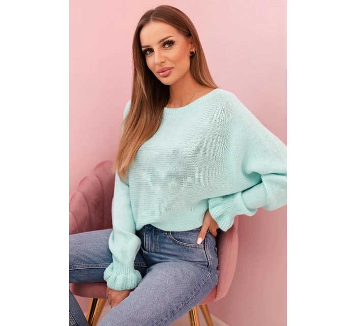 Svetr dámský z mohéru s nařasenými rukávy a výstřihem na zádech mátový Svetr dámský z mohéru s nařasenými rukávy a výstřihem na zádech mátový