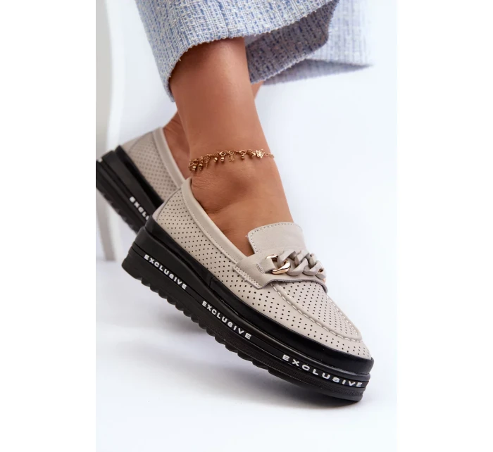 Dámské Kožené mokasíny Na Platformě S řetízkem S.Barski béžová Dámské Kožené mokasíny Na Platformě S řetízkem S.Barski béžová