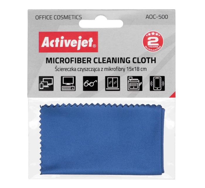 Activejet AOC-500 Čistící utěrka z mikrovlákna 15x18 cm, ideální na čištění notebooků, monitorů, klávesnic, počítačových skříní, tiskáren, kopírek, skenerů, telefonů, psacích strojů