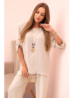 Dámský komplet s halenkou s náhrdelníkem a širokými nohavicemi béžový