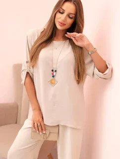 Dámský komplet s halenkou s náhrdelníkem a širokými nohavicemi béžový