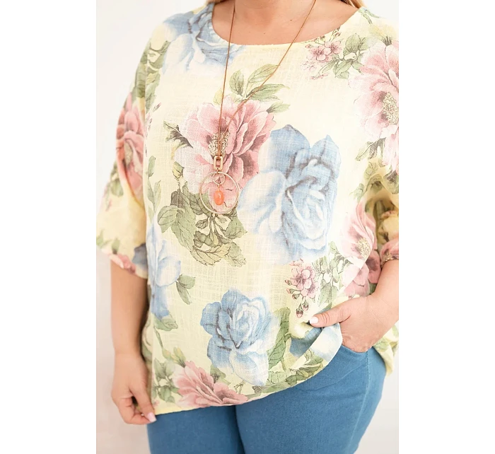 Dámská bavlněná halenka Plus Size s krátkým rukávem a květinovým vzorem žlutá