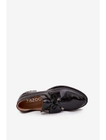 Lakované dámské polobotky na nízkém podpatku s mašlí Zazoo 1399 Černé